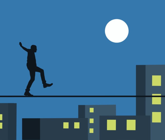 Person walking a tightrope as OpenAI CEO Sam Altman attempts to balance its nonprofit mission amid broader restructuring to attract the colossal funding needed for AGI development.
